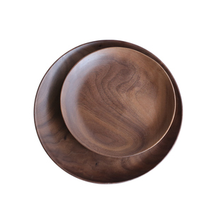 三思工房 黑胡桃木果盘 整木木制水果干果托盘日式圆盘桌面收纳盘