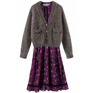 高圆圆同款马海毛毛衣开衫外套温柔风套装冬季穿搭中长款碎花裙子