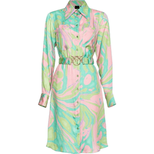 PINKO女士长袖撞色流体印花收腰衬衫式中长款连衣裙103084A1PE