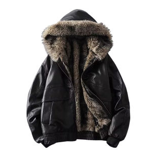 座山雕皮毛一体男士冬季加绒加厚夹克短款机车皮袄男装羊羔毛外套
