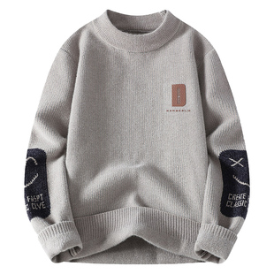 雅鹿2025秋冬新款叠穿圆领加绒保暖针织衫内搭提花加厚打底毛衣男