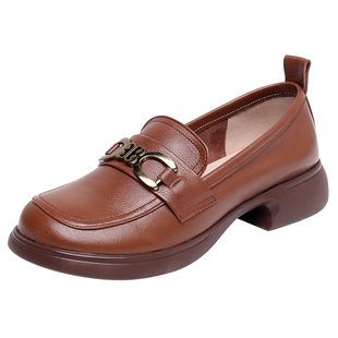 头层牛皮乐福鞋女2026新款春秋季粗跟厚底单鞋大码真皮女鞋41一43