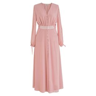 轻奢法式小众设计粉色连衣裙女气质长袖裙子修身长款年会礼服长裙