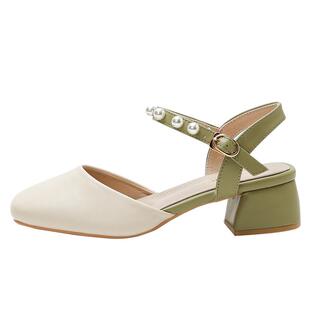 真皮包头凉鞋女2026年夏季新款法式粗跟女鞋一字式扣带时尚仙女风