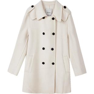 100%绵羊毛大衣女中长款MOFAN摩凡冬装新款米色翻驳领毛呢外套