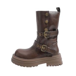 真皮~骄屿厚底美拉德短靴新款新疆英伦风复古棕色翻折两穿马丁靴