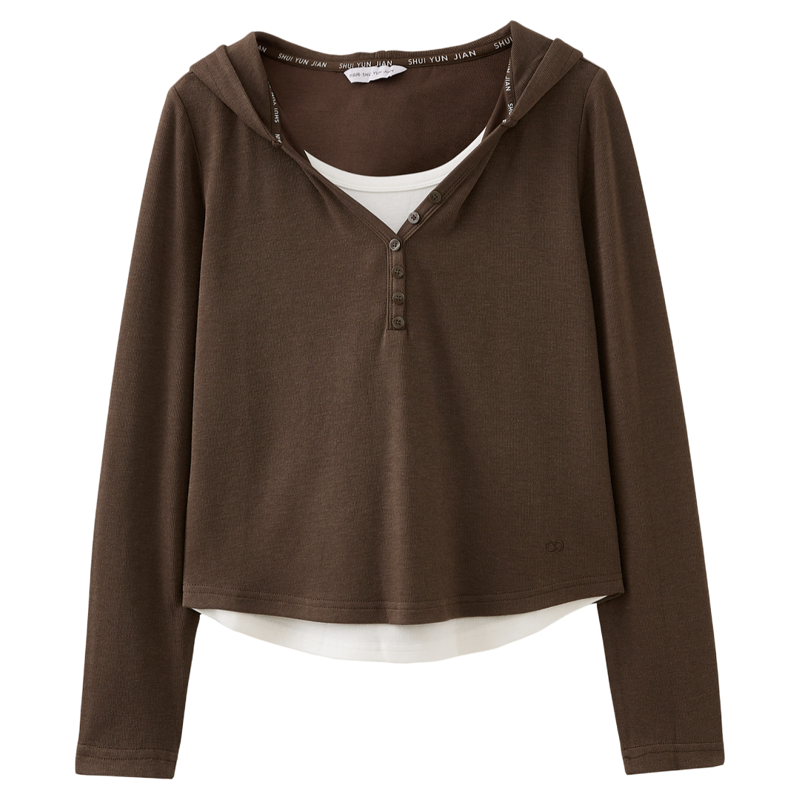水云间亨利领毛针织衫上衣女假两件长袖连帽窄v领叠穿小衫2026春