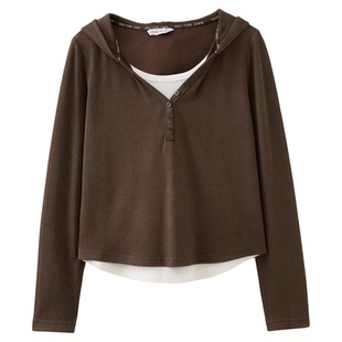 水云间亨利领毛针织衫上衣女假两件长袖连帽窄v领叠穿小衫2026春