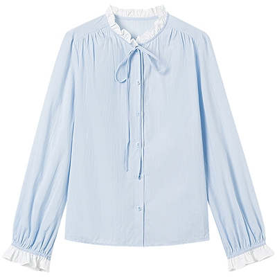 KBNE淡蓝色荷叶边条纹甜美风衬衫女夏季新款棉衬衣通勤百搭女装