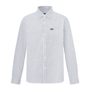 POLOWALK男装长袖衬衫2025秋季新品经典蓝白条纹翻领纯棉衬衣男式