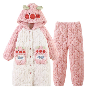 女童三层夹棉睡袍套装秋冬款2025新款儿童睡衣冬季加绒加厚款睡袄
