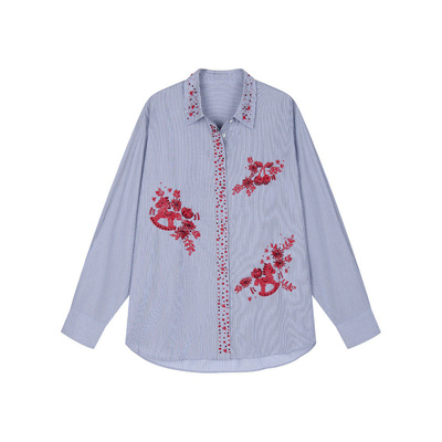亲妈~2026春新设计师款动感樱桃木马元宝钉珠刺绣衬衫