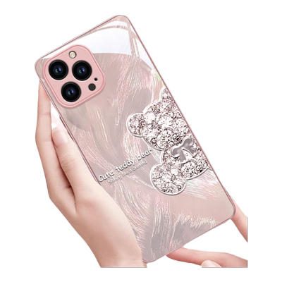 适用苹果15promax手机壳新款iphone14pro玻璃13防摔12可爱女11简约xsmax羽纱钻石熊8plus镜头7p高级6s全包se2
