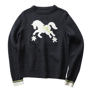 Ahhh宽松慵懒保暖复古撞色圆领小马提花长袖针织毛衣女2025新款冬