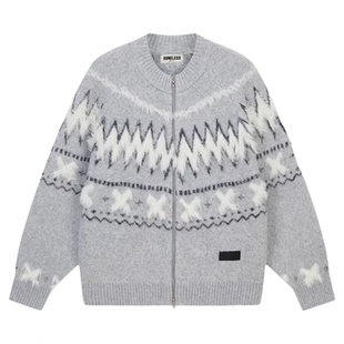 【蔡徐坤同款】BONELESS仿马海毛费尔岛毛织拉链外套皮牌撞色毛衣