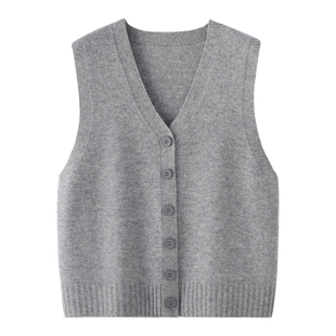 2025秋冬新款V领100%纯羊毛针织马甲开衫女宽松无袖外穿纯色背心