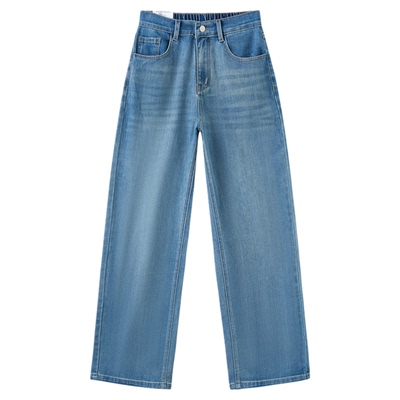 快鱼2025秋季女装宽松直筒蓝色牛仔裤简约阔腿显瘦休闲遮胯长裤子