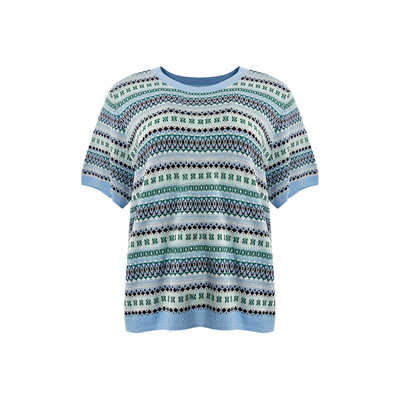 NAZ那子大码秋季绵羊毛费尔岛针织衫胖mm重工短袖复古提花上衣女