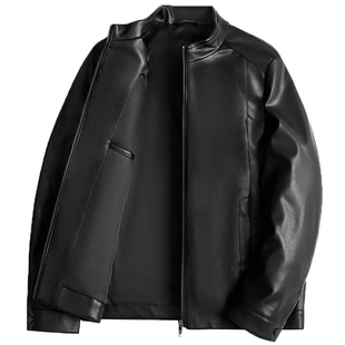 杉杉春秋季休闲拉链口袋立领pu皮衣夹克机车服男士爸爸装短款外套