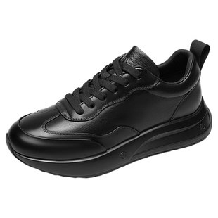 【专柜同款】真皮厚底板鞋男全黑高级感轻奢休闲运动鞋公务通勤鞋