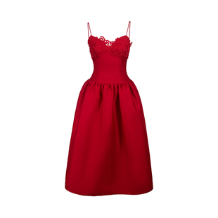 Mummy Cat下蛋喵【玫瑰人生】重要场合红色刺绣花边礼服吊带长裙