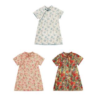 幼悠女童浓芳花束数码印花旗袍2025夏季柔美婉约一字盘扣连身裙潮