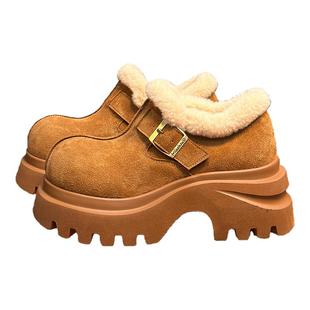 复古真皮松糕厚底小皮鞋女英伦风圆头德比鞋小个子增高加绒乐福鞋