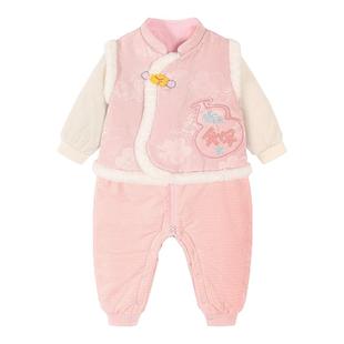 迷你巴拉巴拉婴儿衣服宝宝新生儿新中式新年红色连体衣拜年棉服