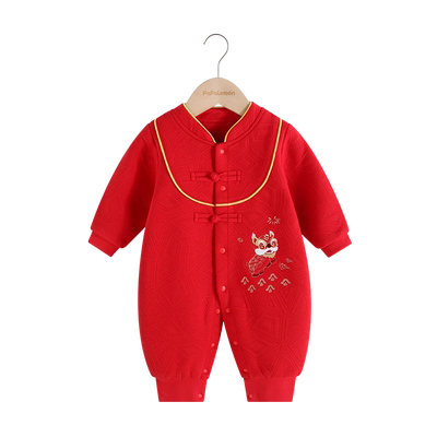 柠檬爬爬婴儿夹丝大红开胸哈衣