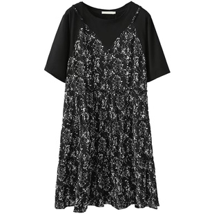 2026新款短款碎花裙胖莹莹大码女装胖mm夏季短袖吊带假两件连衣裙