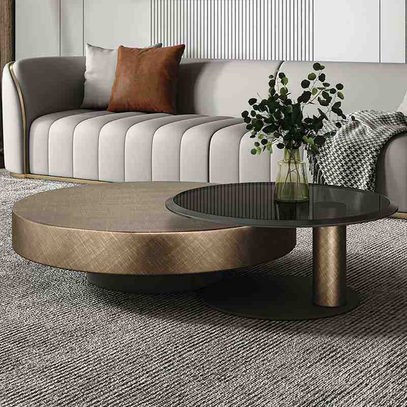 意式轻奢极简现代设计师小户型圆形不锈钢茶几钢化玻璃岩板边几