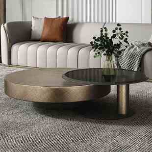 意式 轻奢极简现代设计师小户型圆形不锈钢茶几钢化玻璃岩板边几
