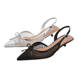 73hours女鞋周四夜晚2025春季新款薄纱尖头不累脚猫跟时装凉鞋女