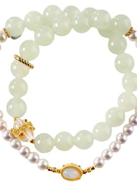 天然和田玉古风珍珠双圈手串