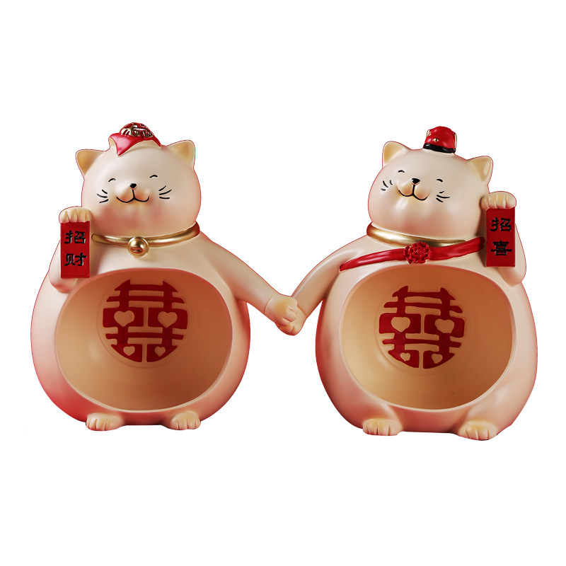 大喜招财猫钥匙零食糖果收纳摆件现代客厅玄关装饰品结婚新婚礼物