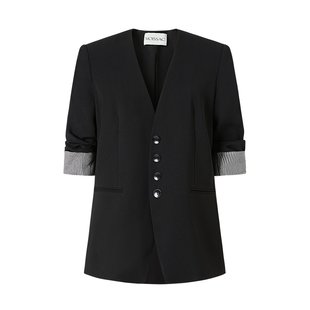 商场同款 摩萨克夏款醋纤V领纽扣X型商务收腰中袖外套女