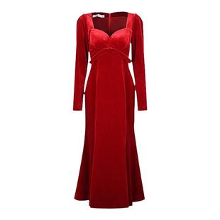 YES BY YESIR叶谦原创设计秋新款红珊瑚丝绒蝴蝶结轻礼服鱼尾裙