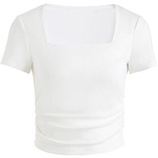 FIVE PLUS日系甜美T恤女方领短袖修身设计感别致短上衣褶皱女夏装