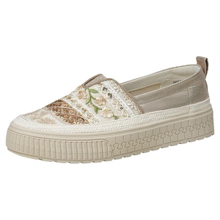 索菲娅厚底渔夫鞋女2026新款春民族风刺绣亮片懒人一脚蹬平底单鞋