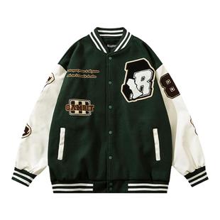 UNCLEBLUE 春潮美式Vintage毛巾绣拼接PU皮夹克外套宽松棒球服男