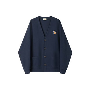 威廉福克斯男装重磅棉感V领针织开衫男春秋新款宽松刺绣外套上衣