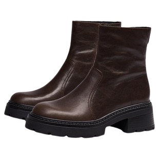 [抓抓靴]莎莎苏秋冬新款厚底圆头真皮中筒骑士靴女烟筒靴短靴