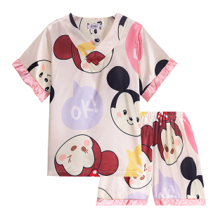 儿童睡衣夏天薄款女童短袖冰丝仿真丝花边可爱公主母女家居服套装