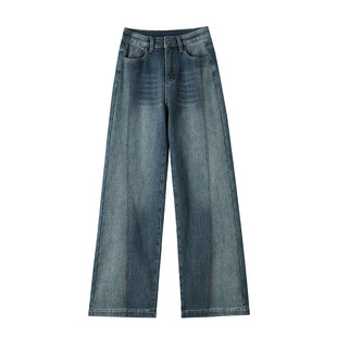 高腰阔腿牛仔裤女宽松显瘦直筒裤休闲慵懒风蓝色长裤女士中弹女裤