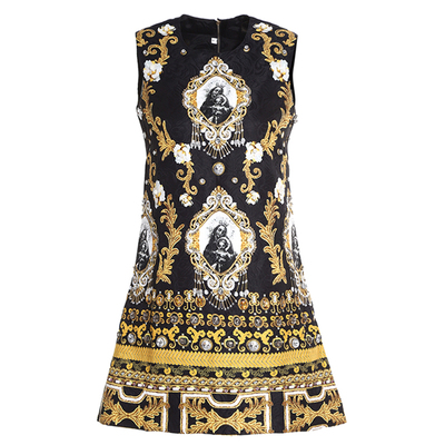 夏季新款女装轻薄提花棉重工钉珠镶钻背心裙印花A字裙时尚连衣裙