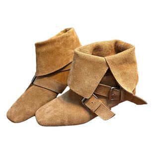 磨砂真皮小众辣妹西部牛仔短靴女2025秋冬新款平底翻领两穿马丁靴