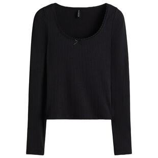 HM女装T恤夏季蕾丝边低领口修身打底长袖酒红色短上衣1296048