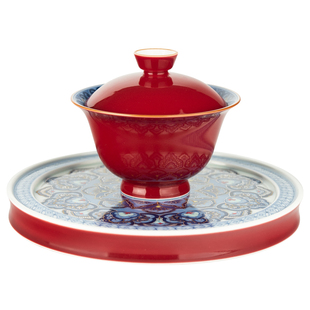 旬真堂高温胭脂红手绘青花描金银宝相莲花陶瓷茶具盖碗陶瓷茶杯