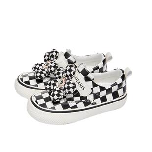 泰兰尼斯春季新款女童幼儿园室内鞋时尚甜酷棋盘格帆布鞋宝宝鞋子
