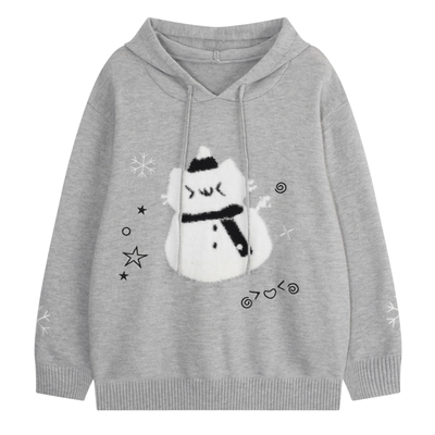 YUZI鱼子灰色连帽雪人针织衫大码